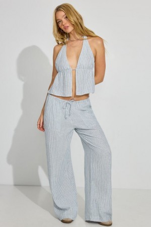 Blue Stripes Women Garage Millie Linen Pull-on Pants | A-0271348