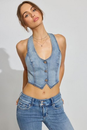 Blue Women Garage Denim Halter Vest | A-1964780