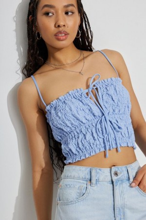 Blue Women Garage Scrunch Knit Tie Front Cami Tank Top | A-2507914