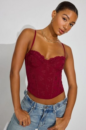 Dark Red Women Garage Chrishell Embroidered Mesh Tank Top | A-0497183