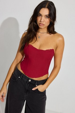 Red Women Garage Lace Trim Strapless Tank Top | A-6139758