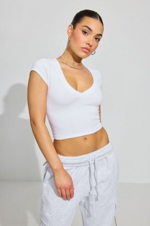 White Women Garage V Neck Ribbed T Shirts | A-3841902