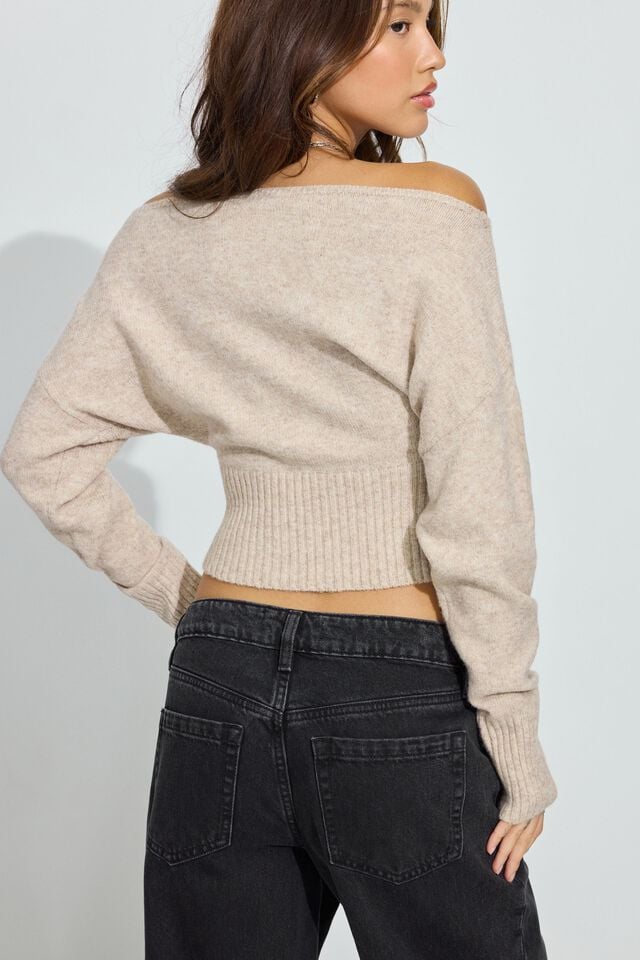 Beige Women Garage Spongy Off Shoulder Sweater | A-5312847