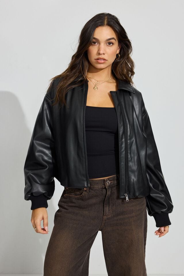 Black Women Garage Faux Leather Down Jackets | A-6890531