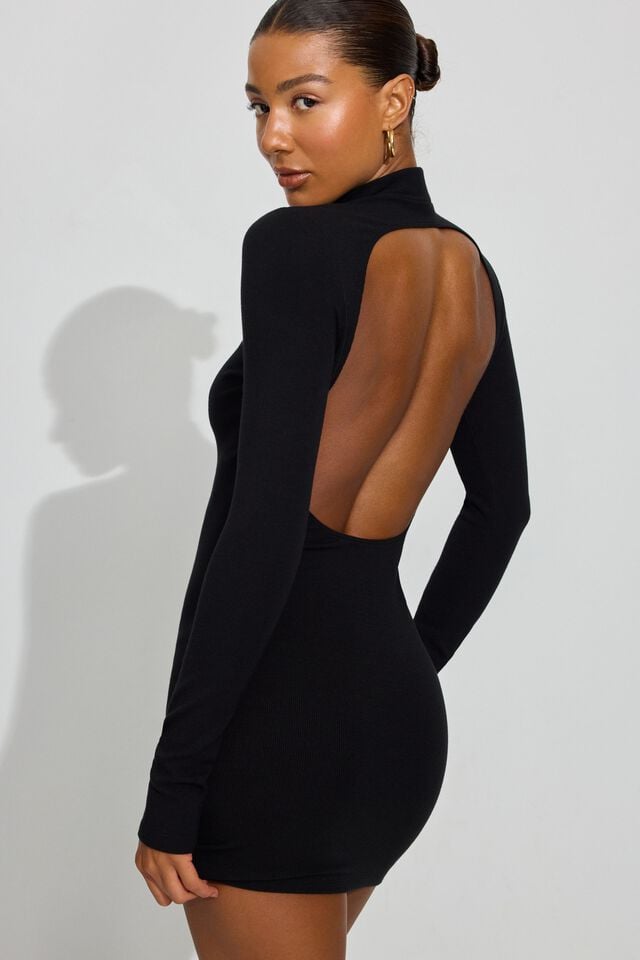 Black Women Garage Long Sleeve Open Back Dress | A-9706218