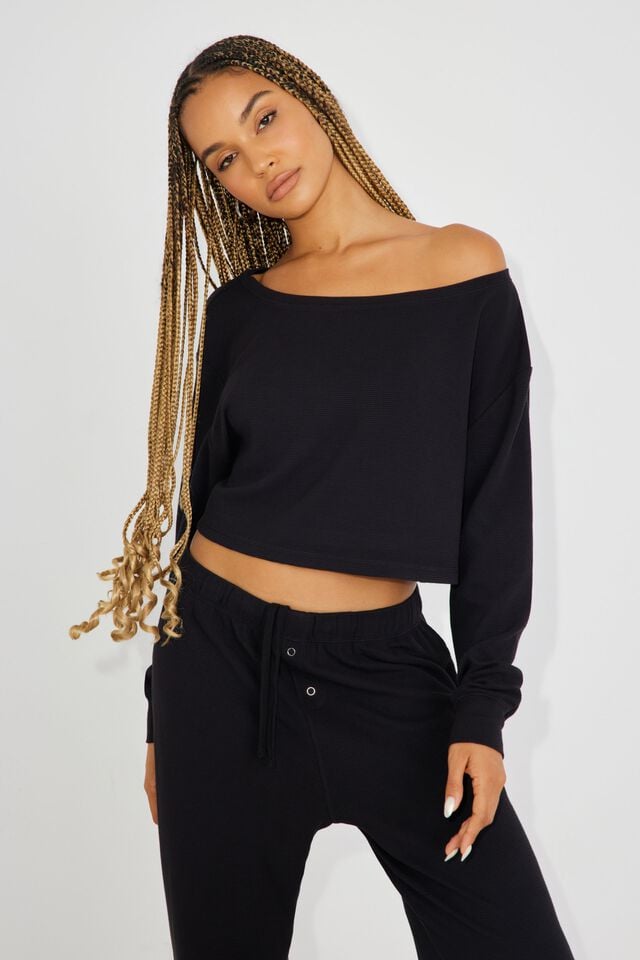 Black Women Garage Waffle Off Shoulder Tank Top | A-9401738