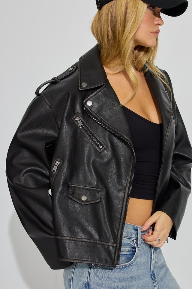 Black Women Garage Washed Faux Leather Down Jackets | A-0854397