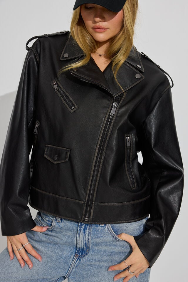 Black Women Garage Washed Faux Leather Down Jackets | A-0854397