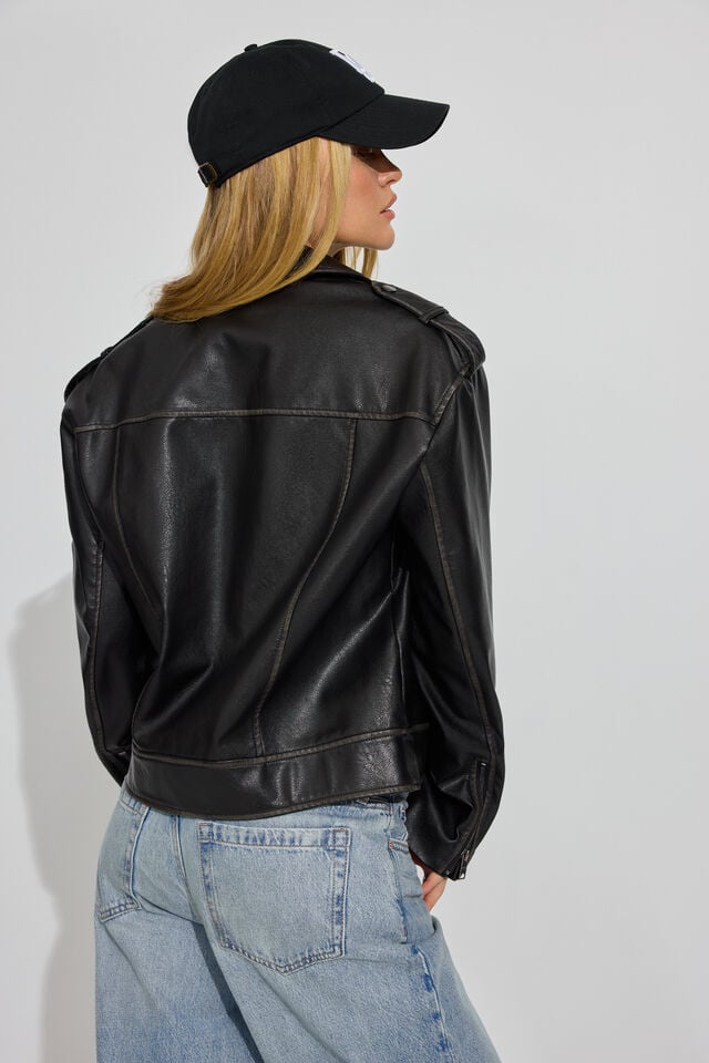 Black Women Garage Washed Faux Leather Down Jackets | A-0854397