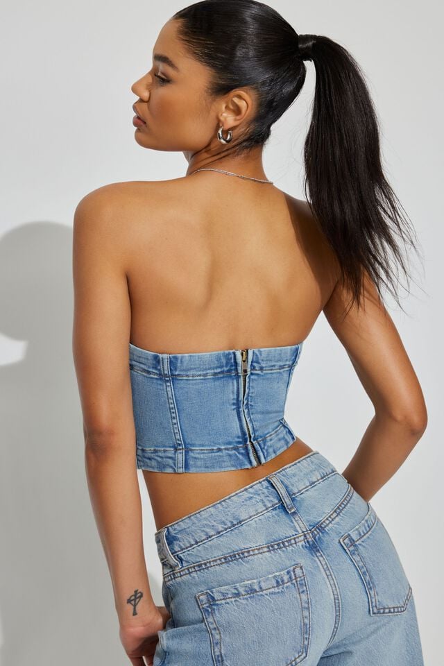 Blue Women Garage Denim Seamed Tube Tank Top | A-4206973