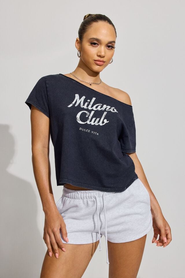 Blue Women Garage Off Shoulder T Shirts | A-8027143