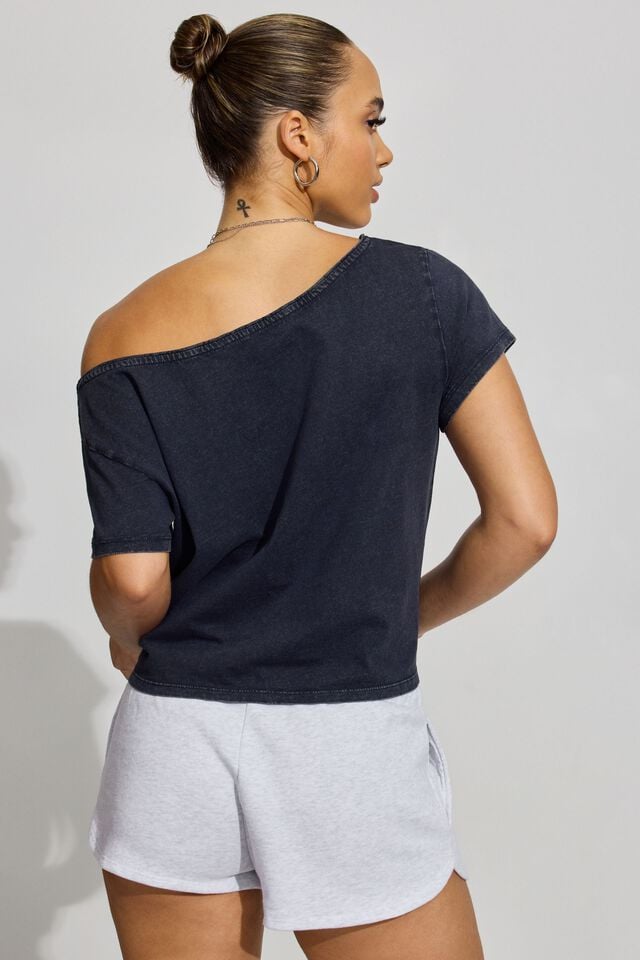 Blue Women Garage Off Shoulder T Shirts | A-8027143