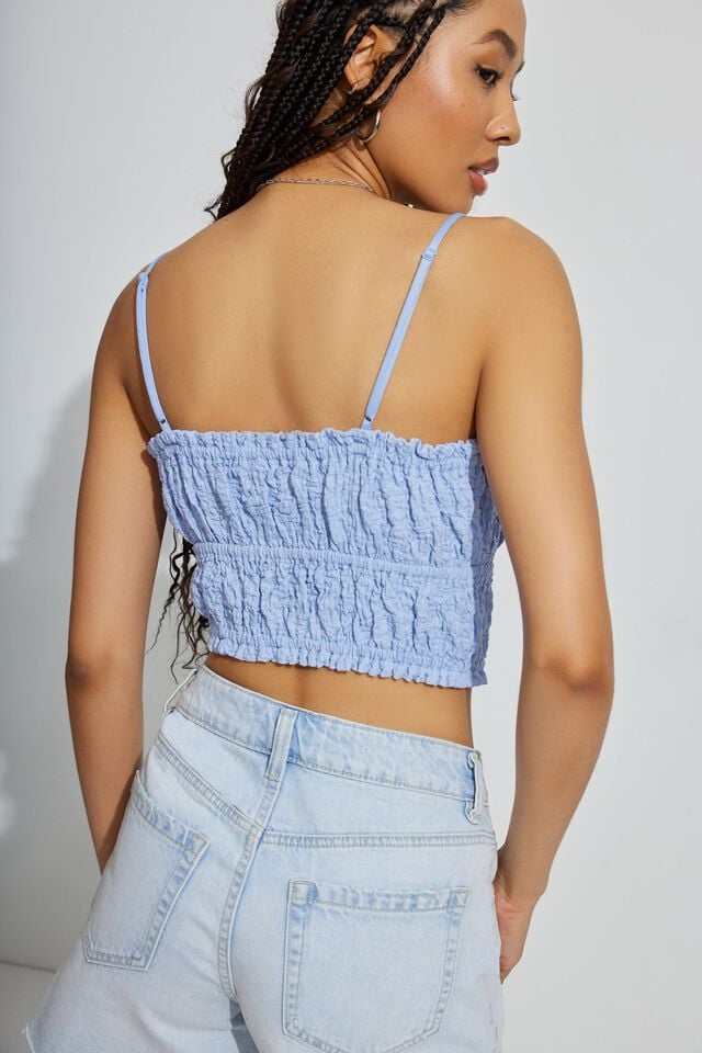 Blue Women Garage Scrunch Knit Tie Front Cami Tank Top | A-2507914