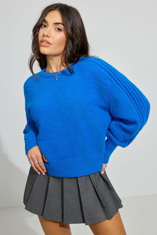 Blue Women Garage Spongy Loose Crewneck Sweater | A-6021938