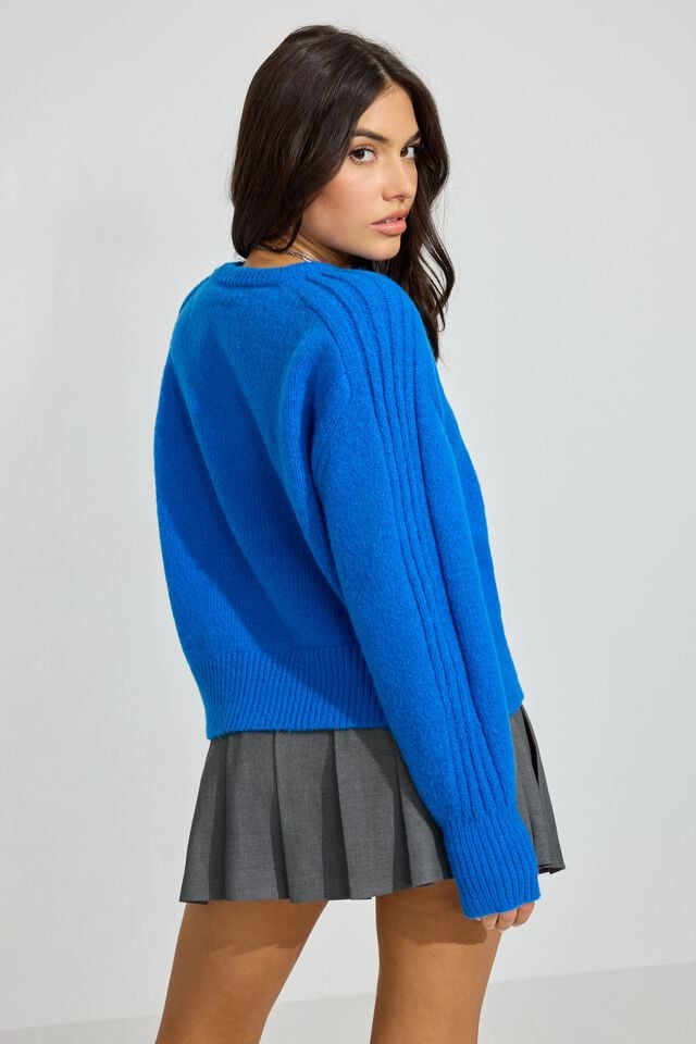 Blue Women Garage Spongy Loose Crewneck Sweater | A-6021938