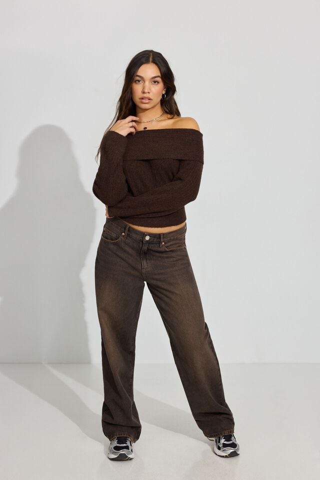 Brown Women Garage Cozy Loose Off Shoulder Sweater | A-3296751