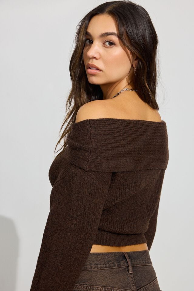 Brown Women Garage Cozy Loose Off Shoulder Sweater | A-3296751