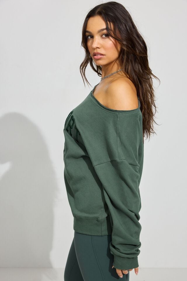 Dark Green Women Garage Softterry Off Shoulder Sweatshirts | A-4716352