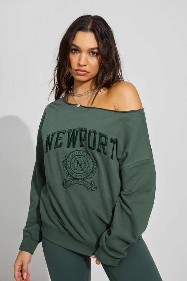 Dark Green Women Garage Softterry Off Shoulder Sweatshirts | A-4716352