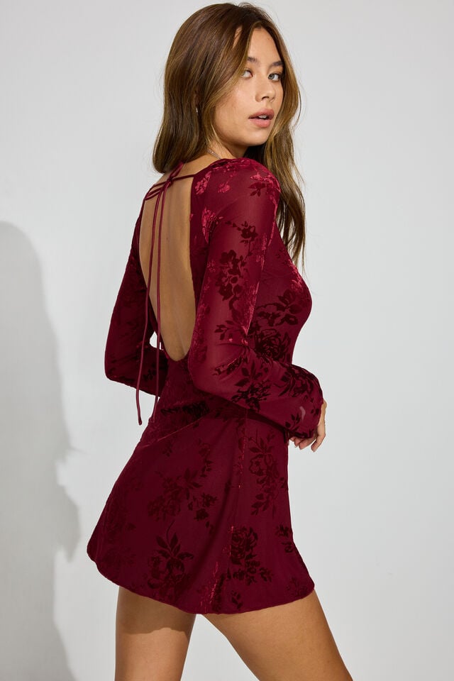 Dark Red Women Garage Burnout Open Back Mini Dress | A-2684017