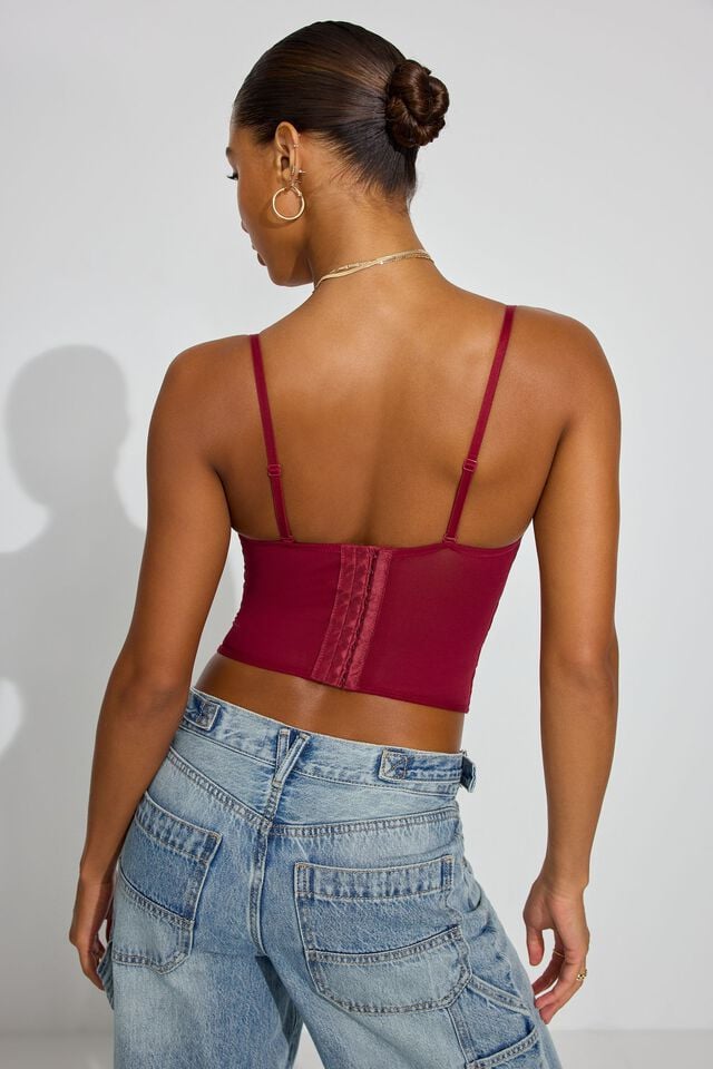 Dark Red Women Garage Chrishell Embroidered Mesh Tank Top | A-0497183