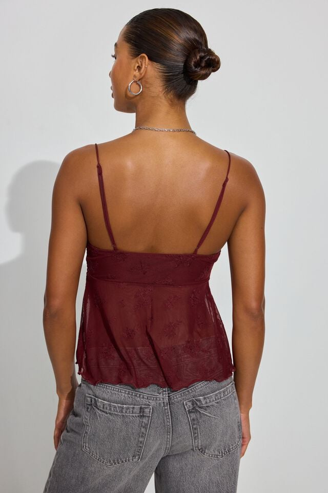 Dark Red Women Garage Mesh Flyaway Cami Tank Top | A-1690357