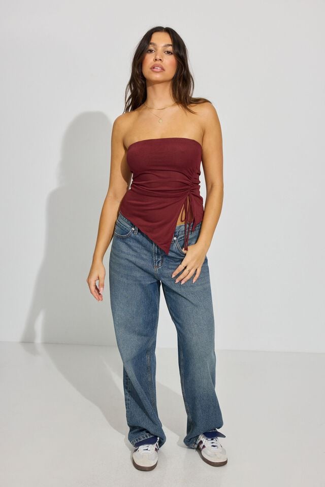 Dark Red Women Garage Shirred Asymmetric Tube Tank Top | A-7521649