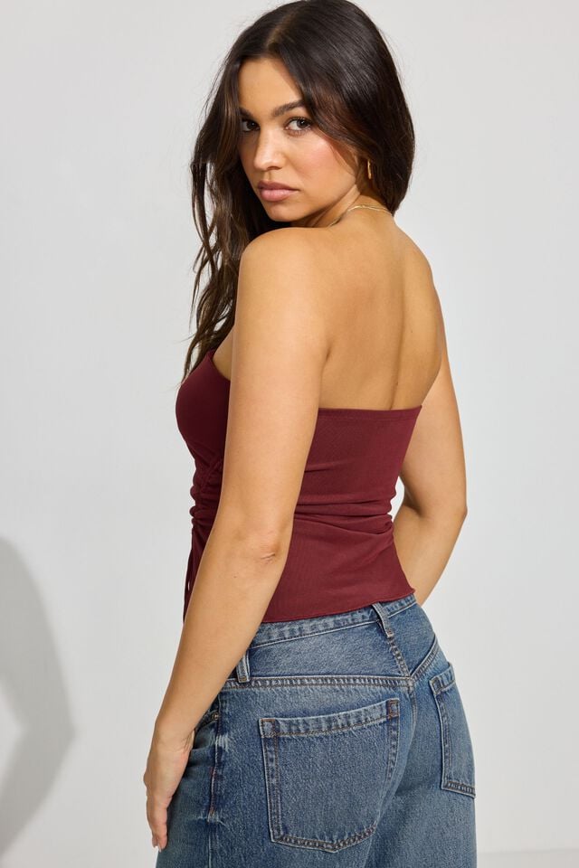 Dark Red Women Garage Shirred Asymmetric Tube Tank Top | A-7521649