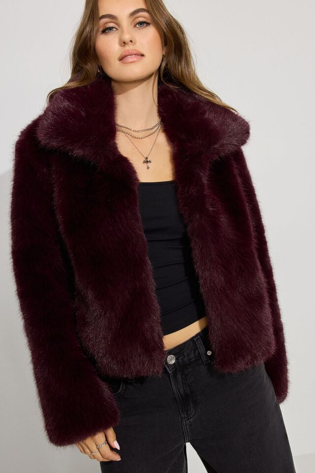 Dark Red Women Garage Short Faux Fur Coat | A-0843957