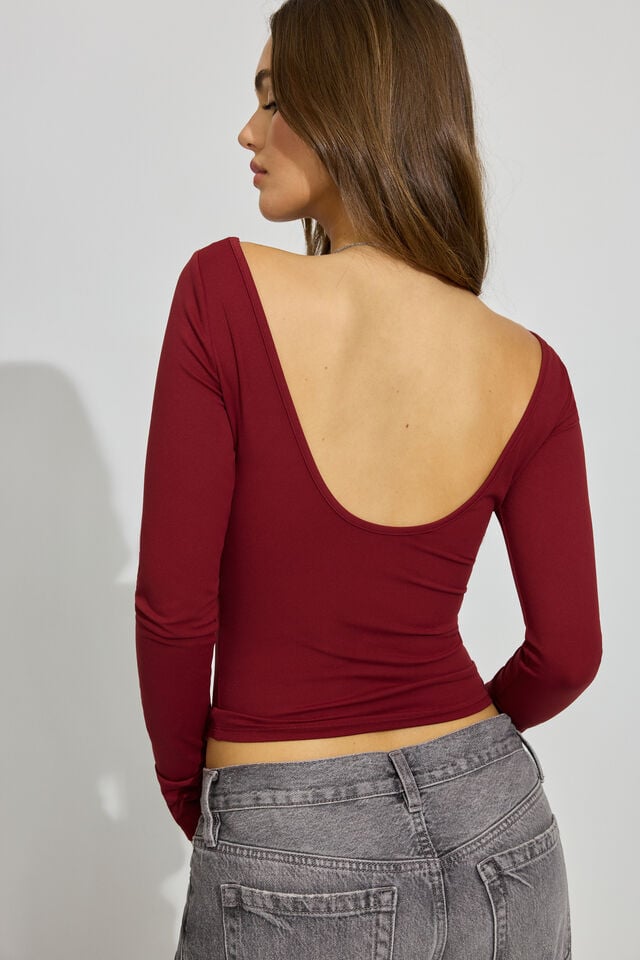 Dark Red Women Garage Sleek Boat Neck Long Sleeve | A-6325790