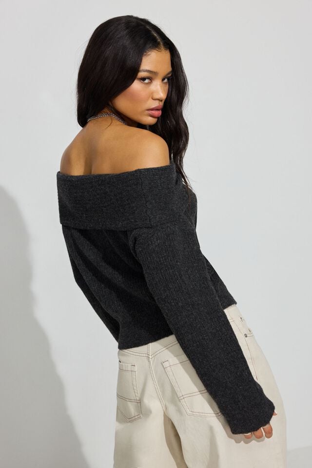 Grey Women Garage Cozy Loose Off Shoulder Sweater | A-4237806