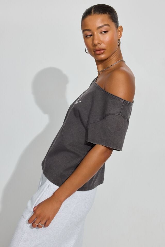 Grey Women Garage Off Shoulder T Shirts | A-7913562