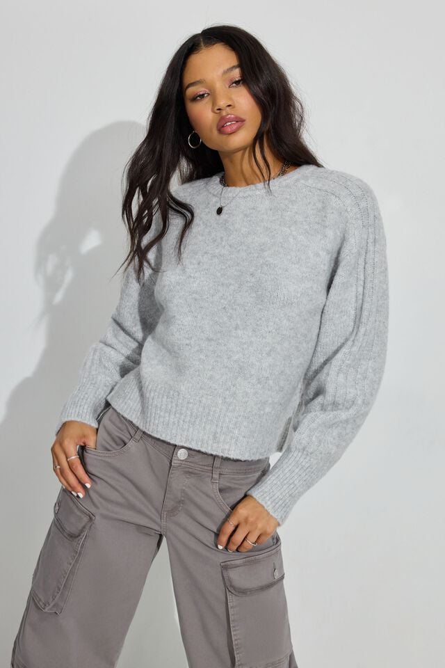 Light Grey Women Garage Spongy Loose Crewneck Sweater | A-0231754