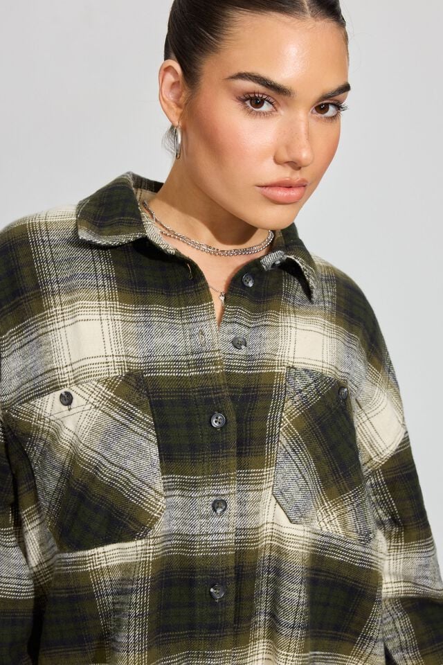 Olive Green Women Garage Noah Plaid Button-up Long Sleeve | A-7243190