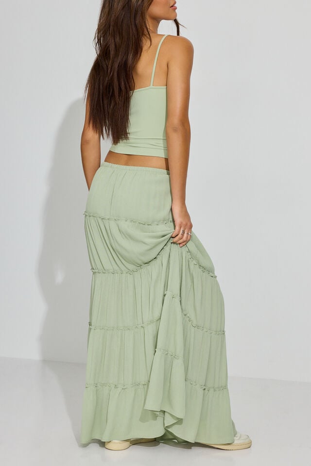 Olive Green Women Garage Tiered Maxi Skirts | A-6124087