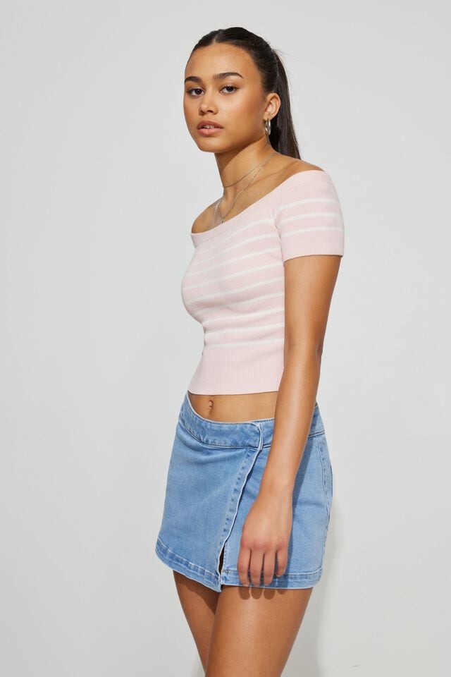 Pink / White Women Garage Short Sleeve Off Shoulder Sweater | A-3701468