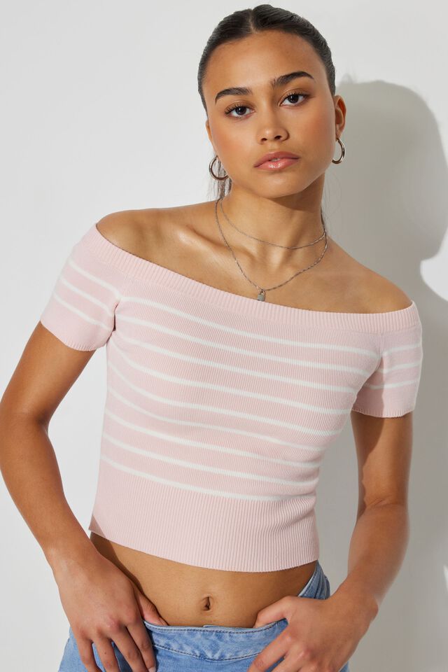 Pink / White Women Garage Short Sleeve Off Shoulder Sweater | A-3701468