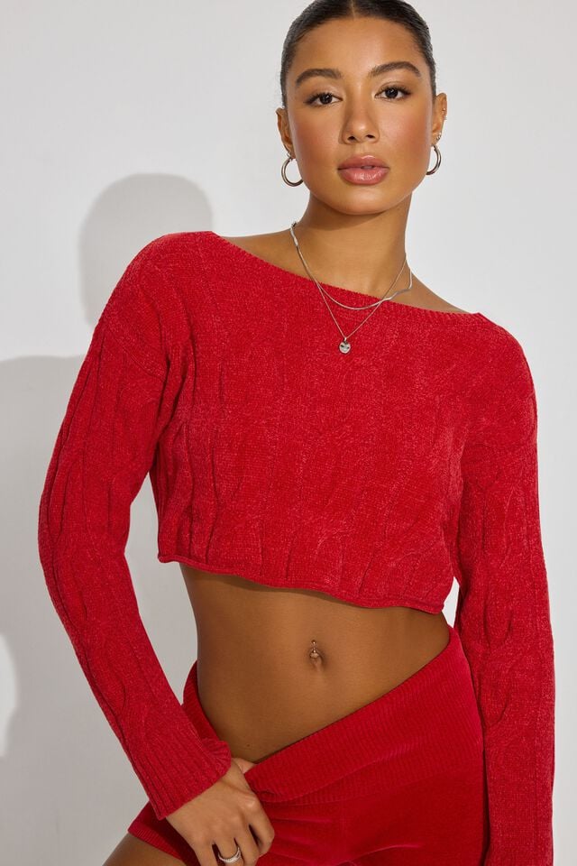 Red Women Garage Cropped Cable Sweater | A-5628394