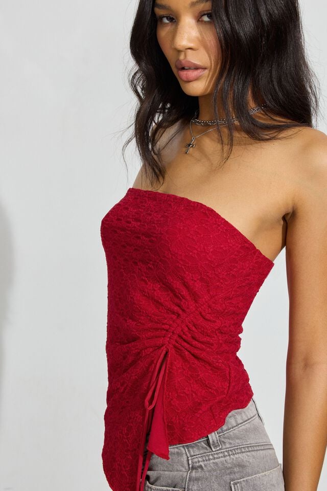 Red Women Garage Lace Asymmetric Tube Tank Top | A-9378025