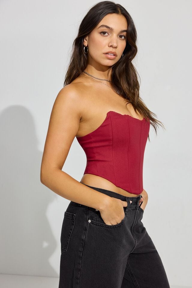 Red Women Garage Lace Trim Strapless Tank Top | A-6139758