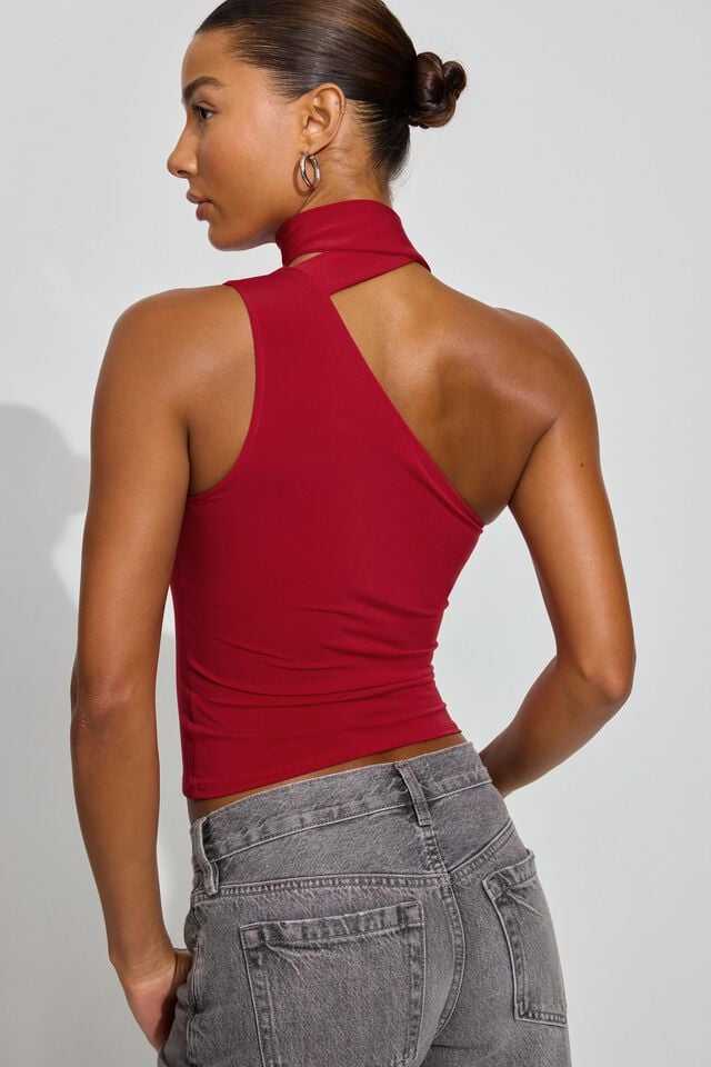 Red Women Garage One Shoulder Neck Tie Tank Top | A-4569820