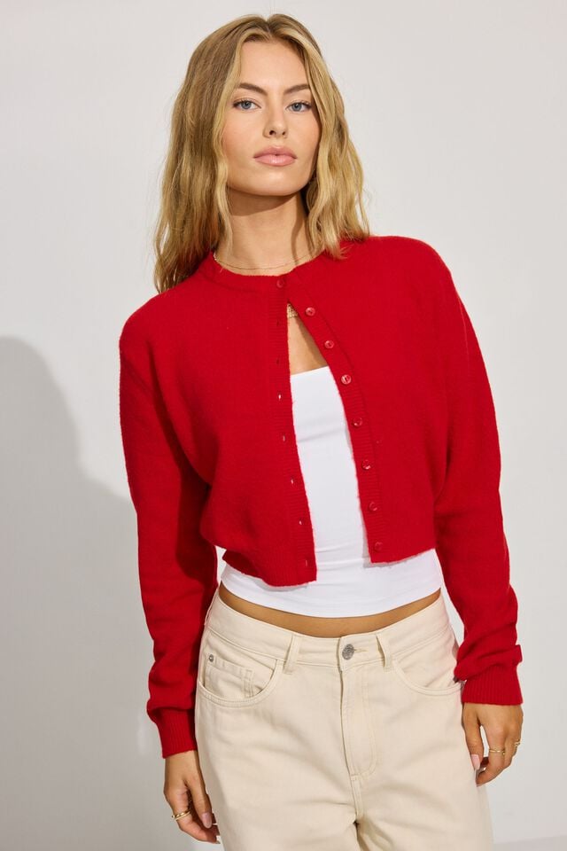 Red Women Garage Spongy Button Up Cardigan | A-1645703