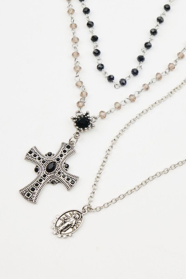 Silver / Black Women Garage Set Of 2 Mary & Rosary Necklaces | A-4790865