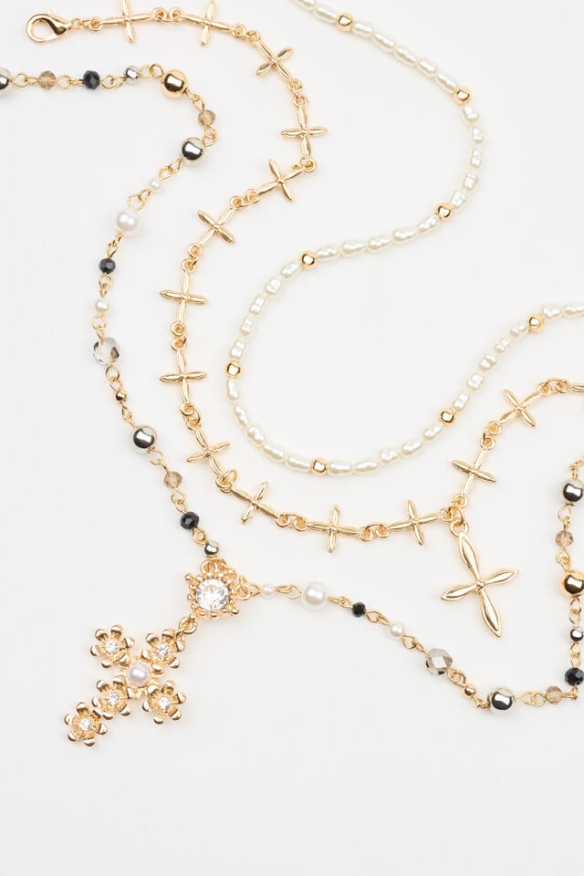 Silver / Gold / White Women Garage Set Of 3 Rosary, Cross, And Pearl Necklaces | A-0496351