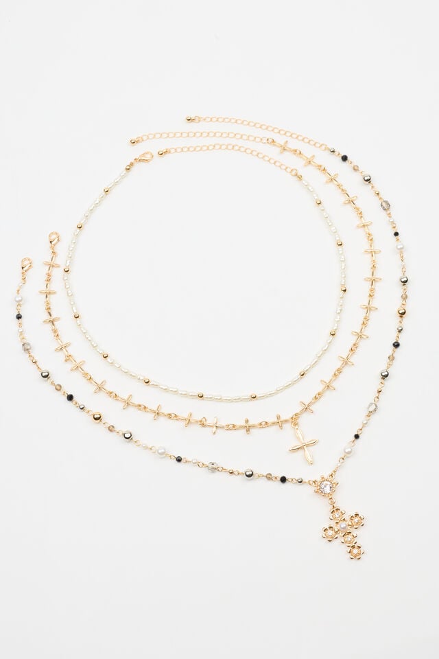 Silver / Gold / White Women Garage Set Of 3 Rosary, Cross, And Pearl Necklaces | A-0496351