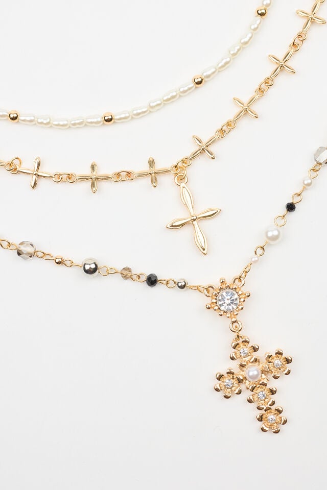 Silver / Gold / White Women Garage Set Of 3 Rosary, Cross, And Pearl Necklaces | A-0496351