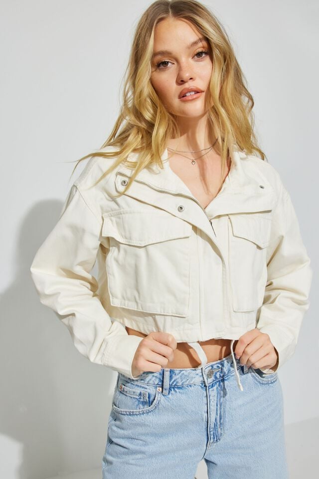 White Women Garage Crop Utility Jackets | A-2843095