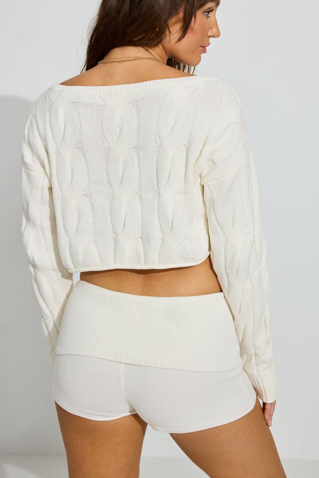 White Women Garage Cropped Cable Crewneck Sweater | A-9804316