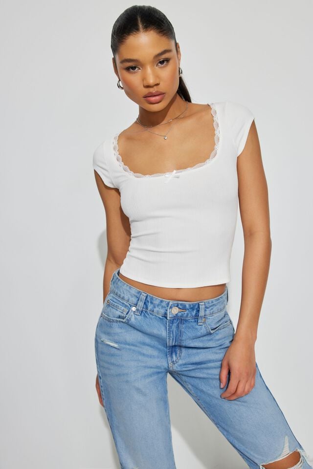 White Women Garage Myla Scoop Neck Lace Trim Rib T Shirts | A-0896415