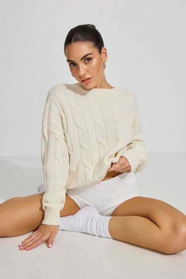 White Women Garage Oversized Cable Sweater | A-2813097